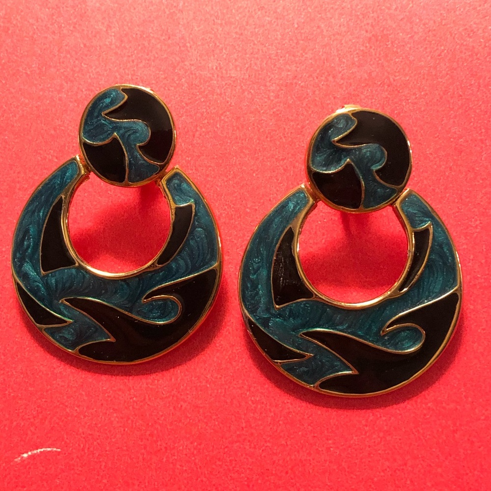 Vintage Turquoise and Black Enamel Earrings
